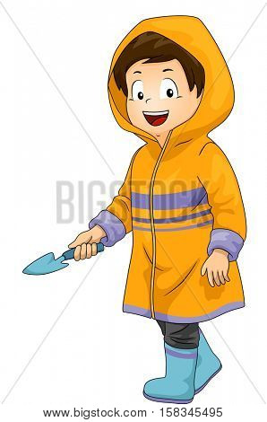 Illustration of a Cute Little Boy in a Yellow Raincoat Carrying a Trowel