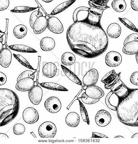 Vector seamless pattern of olive. Hand drawn engraved art. Healthy beauty hair nutrition. Use for design your fashion care products branding idenity advertisement promrotion.