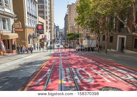 San Francisco, California, United States - August 17, 2016: Cable Cars Climbing up Powell Street Hill in the central area of Union Square in San Francisco downtown.