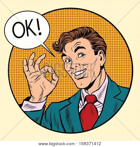 Joyful businessman OK gesture, pop art retro vector illustration. circular frame