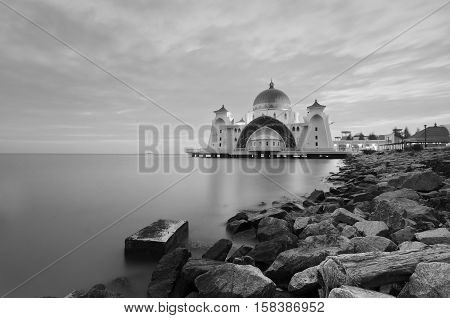 Malacca Straits Mosque (Masjid Selat Melaka) is a mosque located on Malacca Island near Malacca Town in Malacca state Malaysia.Scenery during sunset