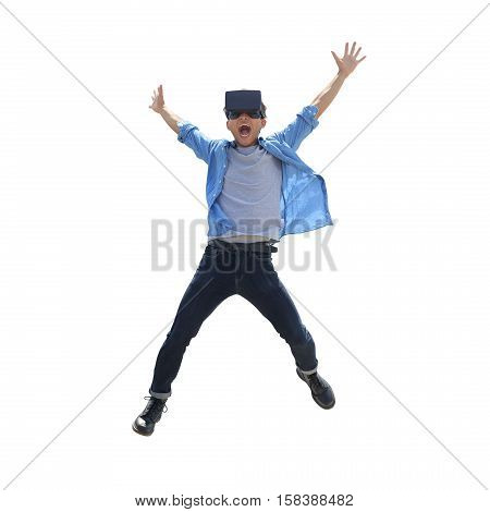 Happy man play vr eyeglasses isolated on white background great for your design
