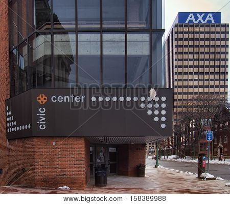 Syracuse New York USA. November 242016. View of the Civic Center and the AXA Tower in downtown Syracuse New York Thanksgiving Day 2016.