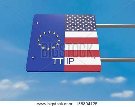 TTIP Concept: USA And EU Flag Road Sign Against A Cloudy Sky 3d illustration
