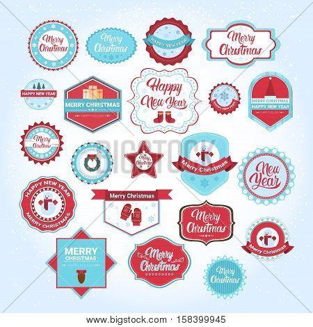 Happy New Year Merry Christmas Greeting Card Decoration Laber Web Icon Set Flat Vector Illustration