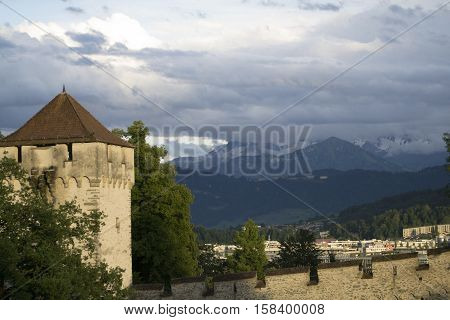 View of the Musegg Wall in Lucerne , Switzerland