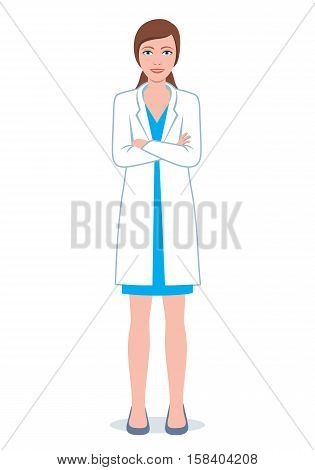Female doctor with folded hands. Illustration of a smiling doctor woman.