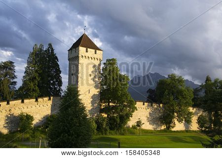 View of the Musegg Wall in Lucerne , Switzerland