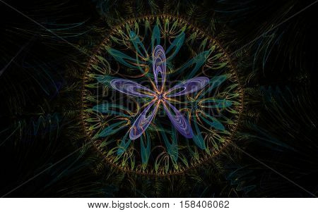 abstract flower lilac consisting of five petals on a background of a rough circle with green petals with strange patterns around on a black background