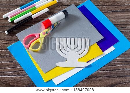 The Child Carves The Details Greeting Cards Image Of The Jewish Holiday Of Hanukkah. Glue, Scissors,