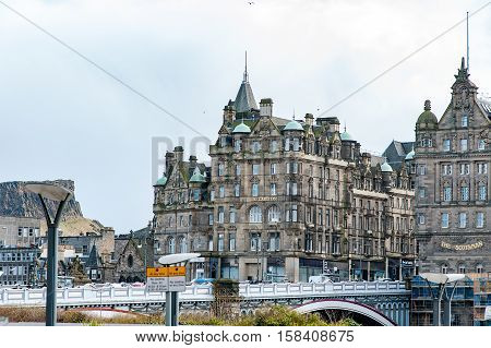 Edinburgh, Scotland, UK-circa July 2016:View of the city, several monuments and the Castle, Edinburgh, Scotland