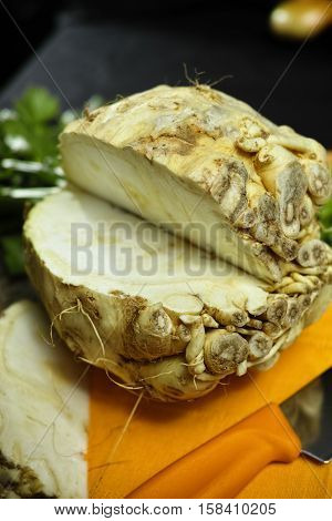 Celery root - celeriac source of vitamine fresh healthy vegetable wedge