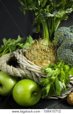 Green vegetables and fruits - celery apples celery root celeriac broccoli healthy diet concept