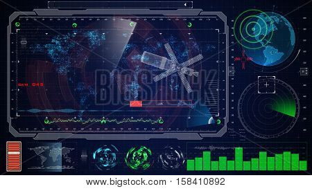 Futuristic blue virtual graphic touch user interface HUD. earth digital map.