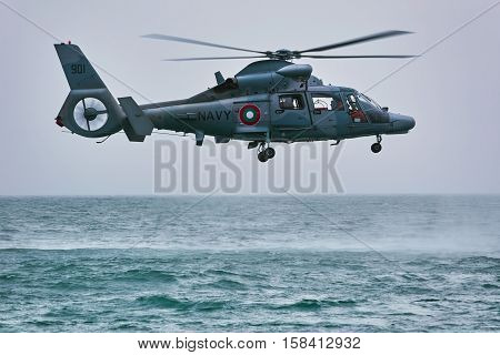 VARNA BULGARIA - November 09 2016: Eurocopter AS565 Panther during an Exercise in the Bay of the Black Sea