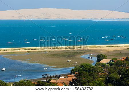 Bassin d'Arcachon landscape at low tide, view from the Cap-Ferret lighthouse on the Dune du Pyla, France
