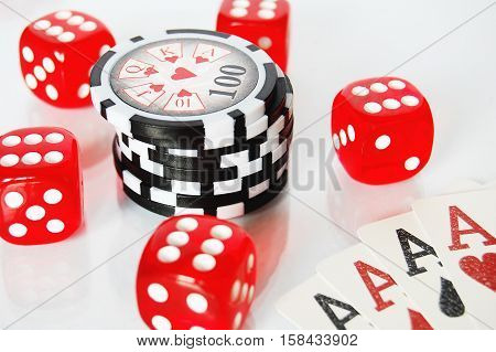 Poker Dice, Chips And Play Cards On White Background
