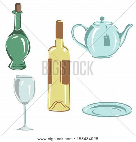 set kitchen utensils wine bottle wineglass oil bottle teapot saucer