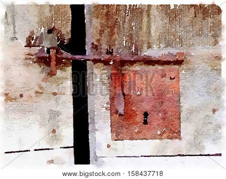 Digital watercolor painting of a rusty lock on a wooden door. A rusty sliding metal bar and a keyhole. Space for text.