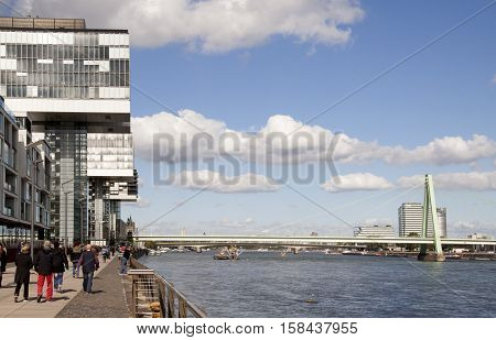 CologneGermany-june 2016: Crane hous along river Rhine.The river Rine is an important water way for the city of Cologne