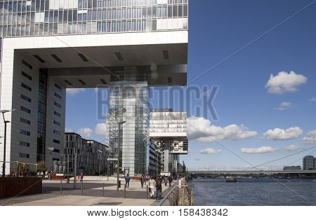 CologneGermany-june 2016: Crane hous along river Rhine.The river Rine is an important water way for the city of Cologne