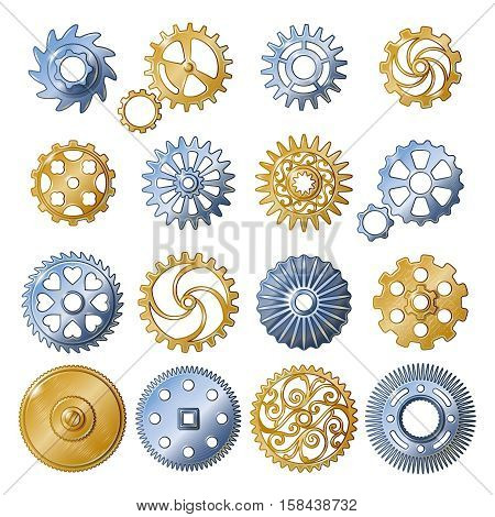 Sixteen isolated old style gear gold and silver mechanisms realistic symbols set on blank background vector illustrarion