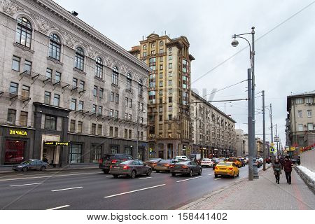 RUSSIA MOSCOW - NOVEMBER 08 2016: Historical buildings on First Tverskaya-Yamskaya street in Moscow. Street goes into Tverskaya Street and lead to the Red Square and the Kremlin.