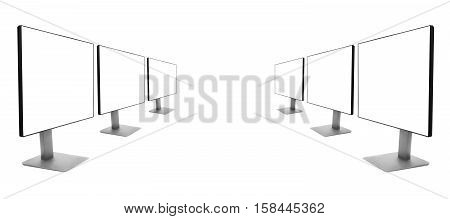 two rows of monitors receding into the distance, isolated on a white background