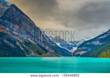 Beautiful autumn views of iconic Lake Louise in Banff National Park in the Rocky Mountains of Alberta Canada