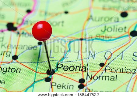 Peoria pinned on a map of Illinois, USA