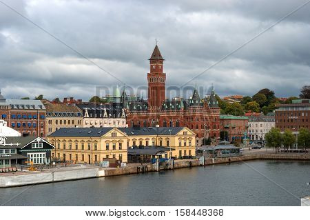 Helsingbog, Sweden - October 9, 2016: view of the city and the port on board the ferry to sail to Denmark. Good visible Helsingborg Town Hall.