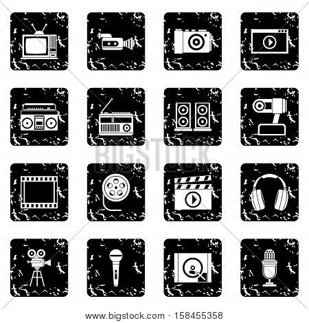 Audio and video set icons in grunge style isolated on white background. Vector illustration