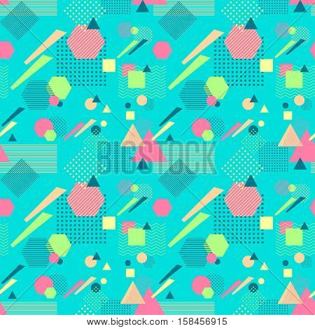 Abstract seamless pattern from geometric form in postmodern Memphis Style on blue background for wallpaper or package or for clothes for decoration childish school subject or for creative design