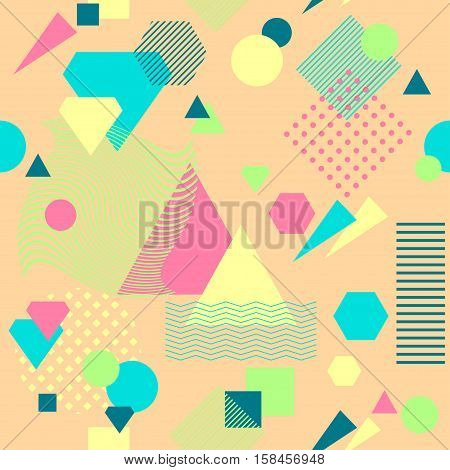 Abstract seamless pattern from geometric form in postmodern Memphis Style on beige background for wallpaper or package or for clothes for decoration childish school subject or for creative design