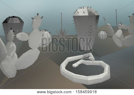 3D low poly desert, ceramic and metal