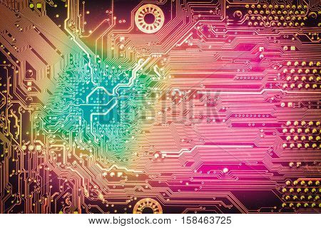 Close Up Of Computer Circuit Board, Toned In Pink And Green Colors