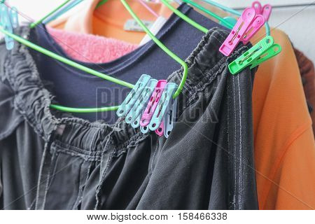 Plastic clothespin pin Close up and chintz drying on washing line