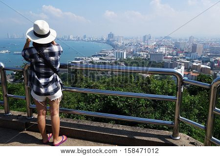 PATTAYA THAILAND - 22 NOV 2016: View of building and Pattaya beach at viewpoint Pratumnak Hill in Pattaya Thailand