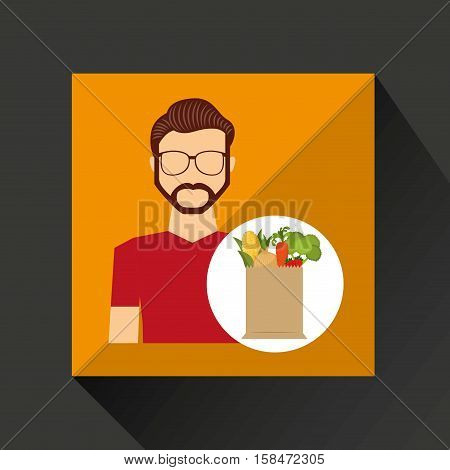cartoon man hispter with shop bag healthy food vector illustration eps 10