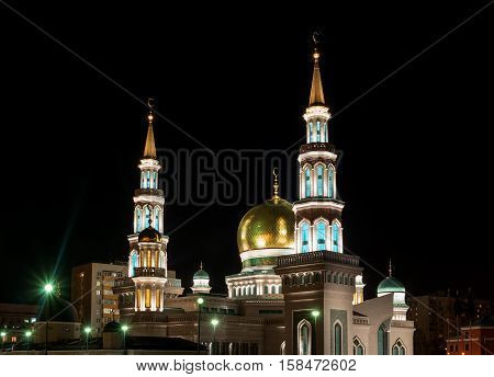 Moscow Cathedral Mosque. Night Photography. Beautiful light golden domes.