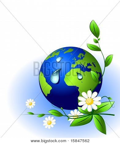 Globo de la tierra y gotas de agua