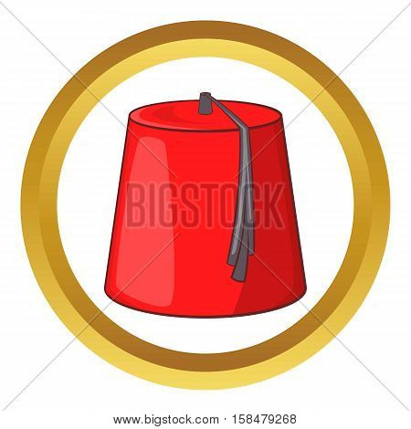 Red turkish hat fez vector icon in golden circle, cartoon style isolated on white background