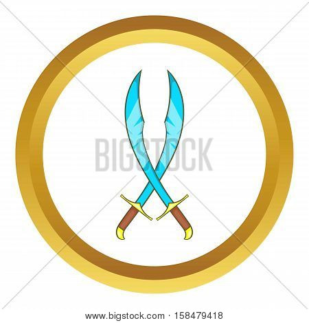 Crossed scimitars vector icon in golden circle, cartoon style isolated on white background