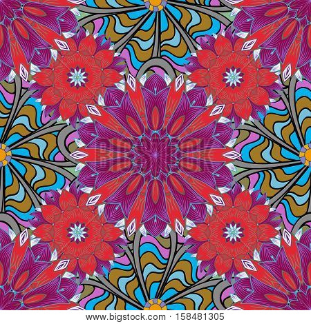 Pink mandalas. Green brown lilak violet. Vector.