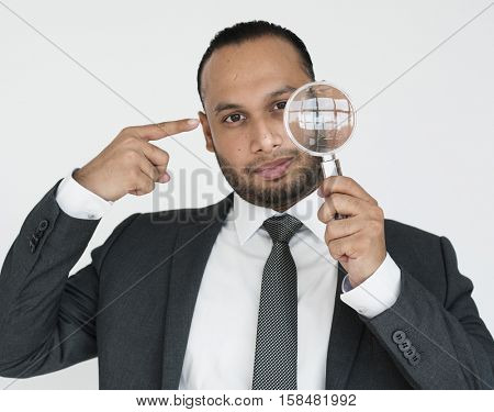 Indian Man Business Magnifying Glass Concept