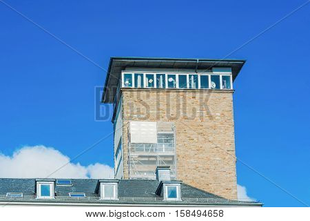 Town Hall with Town Hall Tower in Velbert NRW Germany against blue sky.