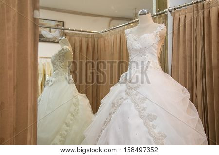 Beautiful Wedding dress on mannequin display boutique