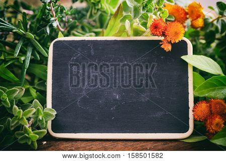 Variety Of Herbs And Label On Wooden Background