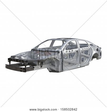 Carcass af a sedan car on white background. 3D illustration
