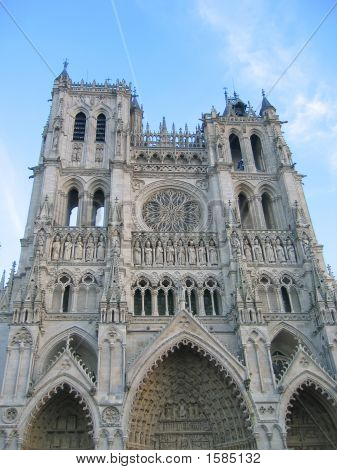 Front View Of The Cathedral With Blue Sky, Amiens, France